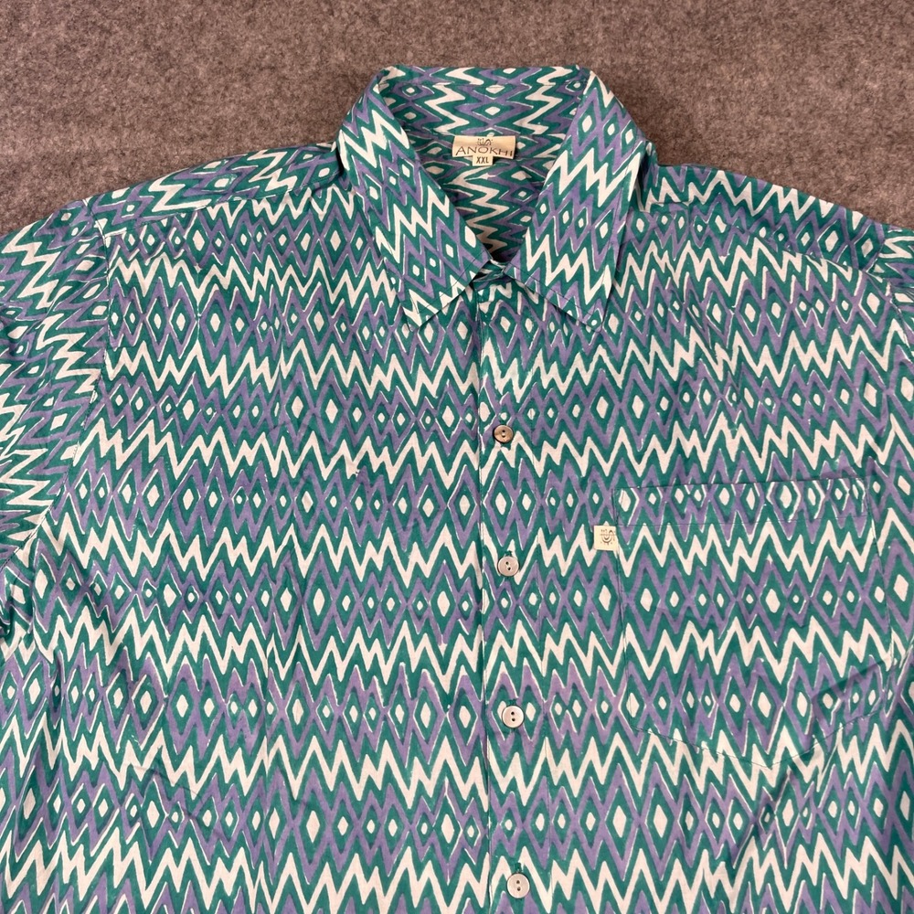 Anokhi Shirt Mens XXL Teal Purple Geometric Print Cotton Short Sleeve India